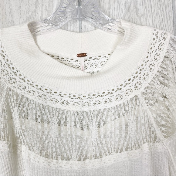 Free People | Spring Valley White Waffle Knit Lace Neck Long Sleeve Top Size XS - Picture 5 of 12